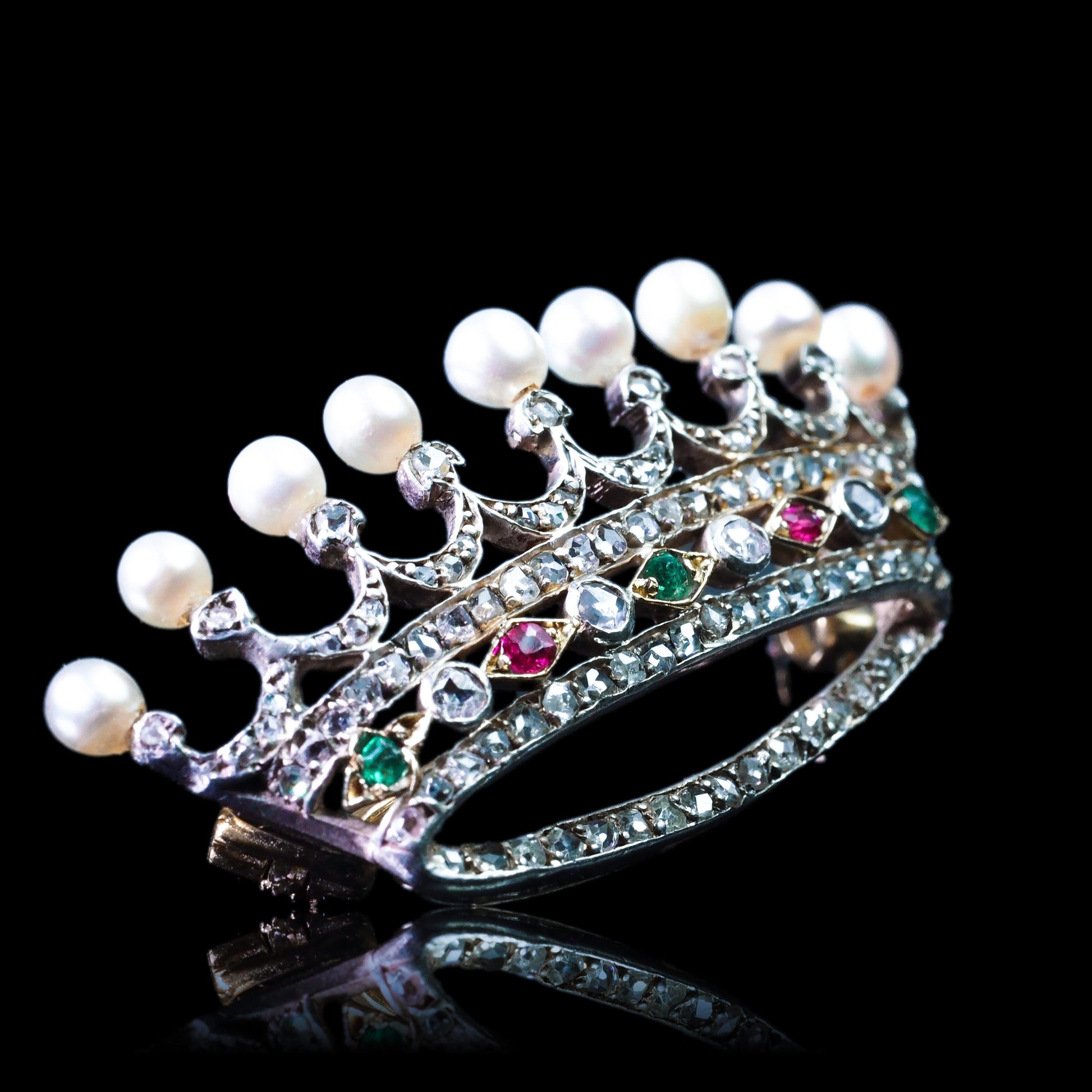 Antique French Ruby, Emerald, Diamond Pearl Crown Coronet Brooch 18K Gold c.1900