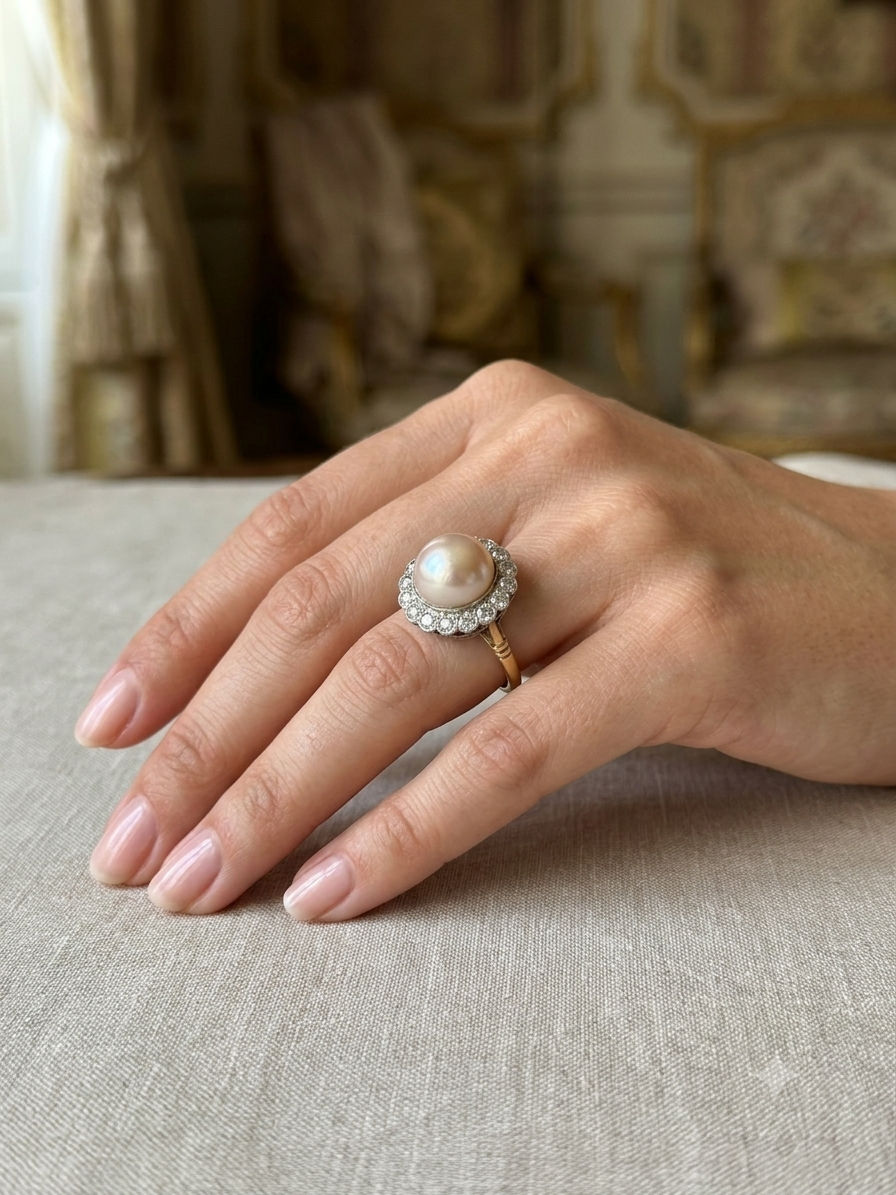 Edwardian 12 MM. Mabe Split Pearl 1.60 Ct Diamond Engagement Ring