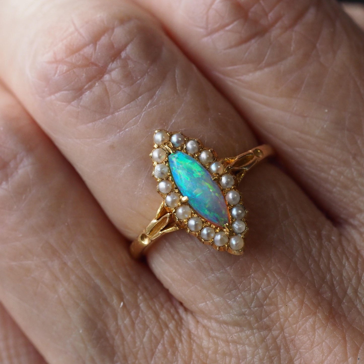 Antique Victorian Opal and Pearl Marquise Cluster Ring