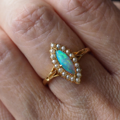 Antique Victorian Opal and Pearl Marquise Cluster Ring