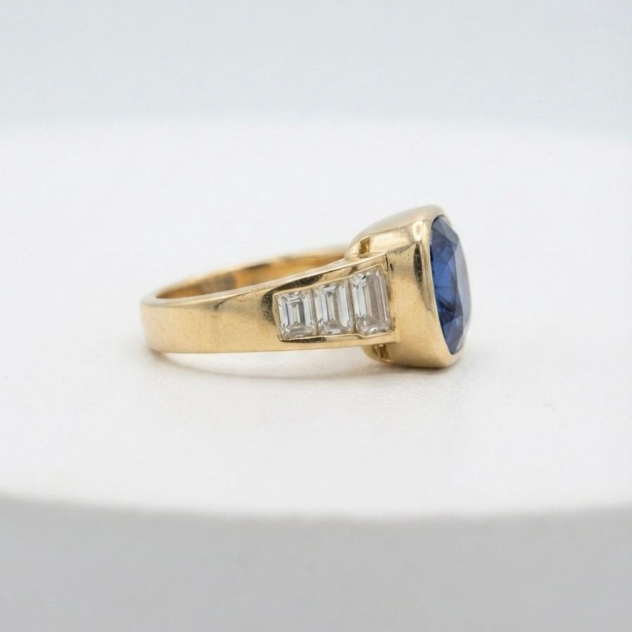 Italian Retro 10.61ct Unheated Natural No Heat Ceylon Sapphire and 2.60ct Baguette Diamond Engagement Ring in 18ct Yellow Gold