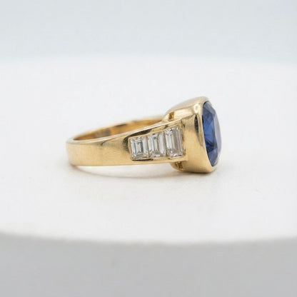 Italian Retro 10.61ct Unheated Natural No Heat Ceylon Sapphire and 2.60ct Baguette Diamond Engagement Ring in 18ct Yellow Gold