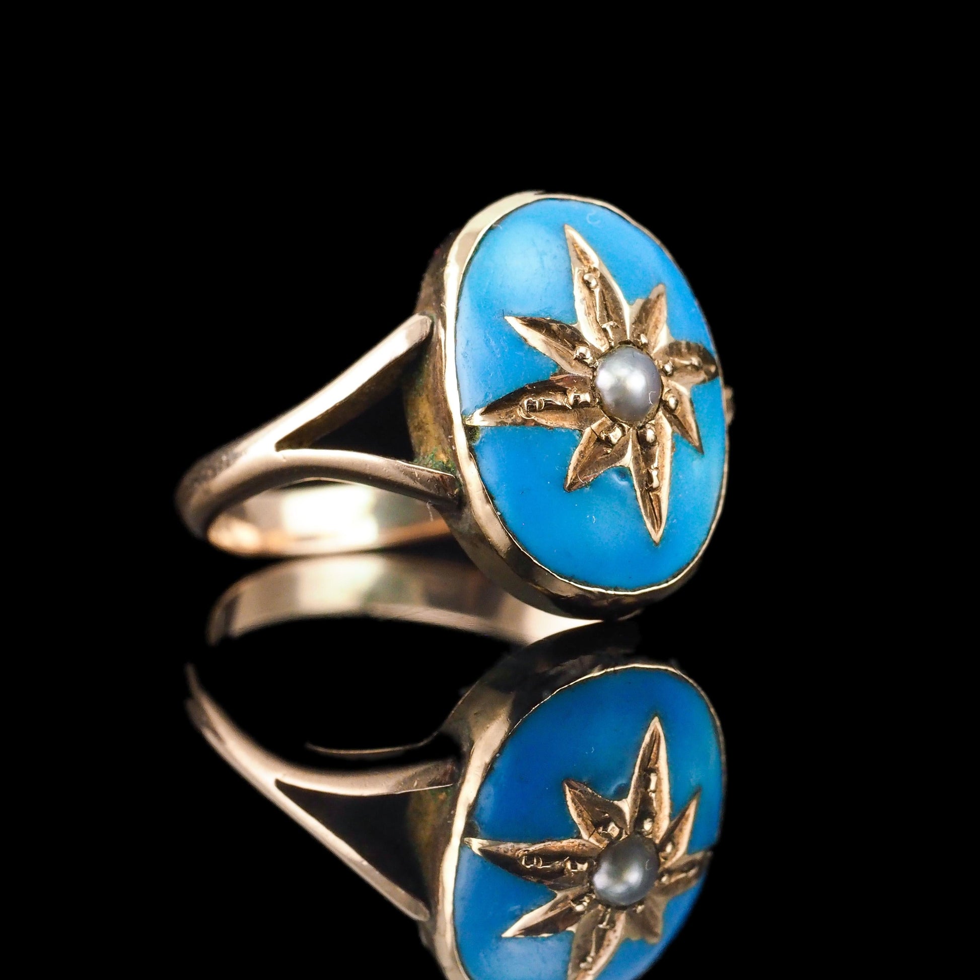 Antique Victorian Blue Enamel & Gold Star Pearl Ring 9K Gold - c.1880