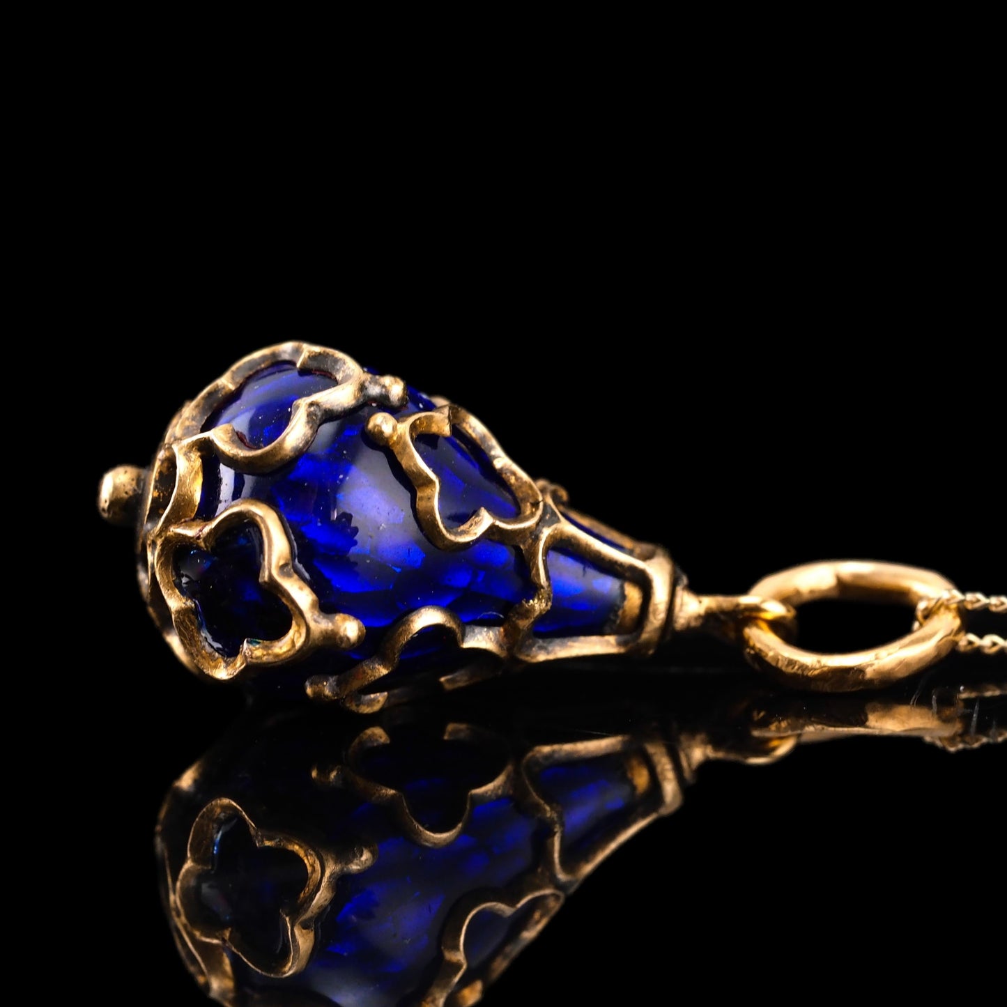 Antique Blue Enamel Guilloche Drop Pendant in 15ct Gold