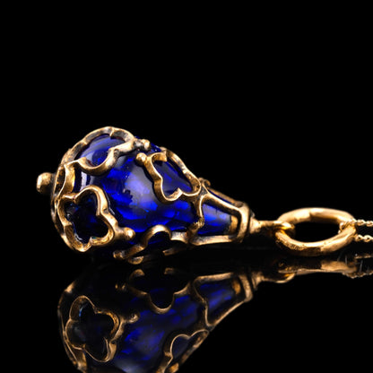Antique Blue Enamel Guilloche Drop Pendant in 15ct Gold