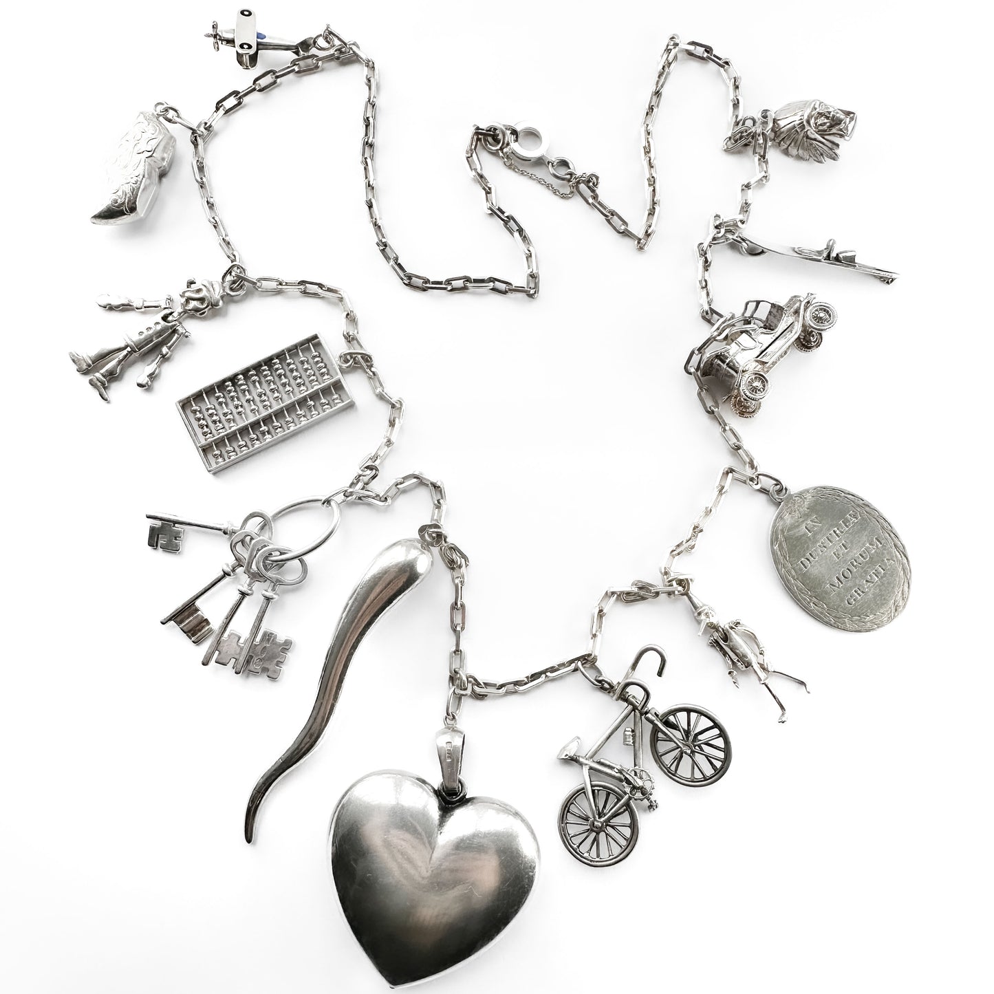 Vintage Silver 13 Charm Long Chain Necklace