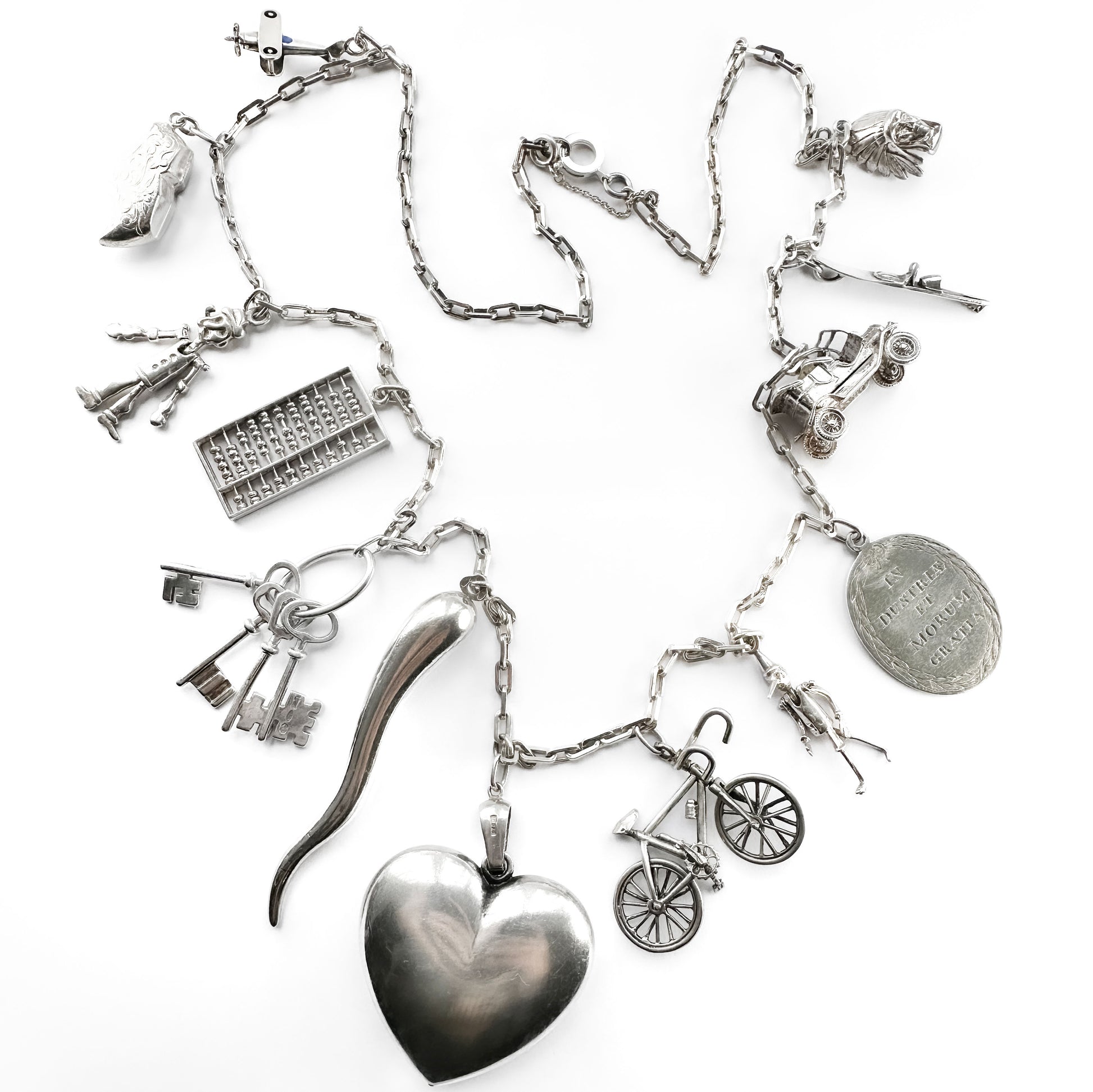 Vintage Silver 13 Charm Long Chain Necklace