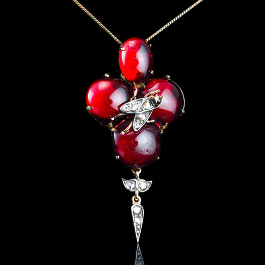 Victorian Antique Cabochon Garnet and Diamond Pendant come Brooch, Circa 1880