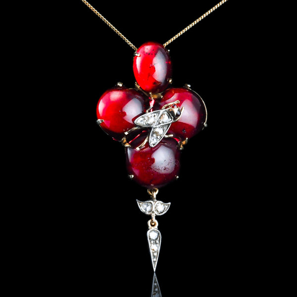 Victorian Antique Cabochon Garnet and Diamond Pendant come Brooch, Circa 1880