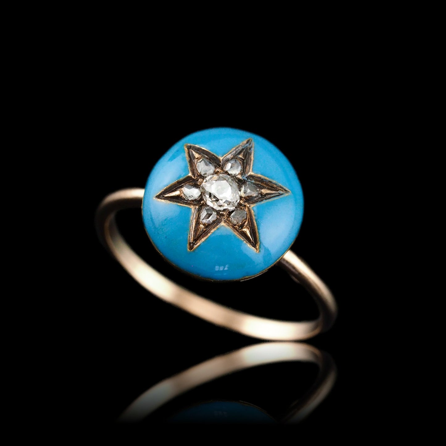 Antique Victorian Diamond Star Ring 9ct Gold Blue Enamel Cabochon - c.1890