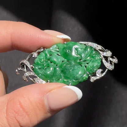 Vintage Floral Carved Jade and Diamond Brooch