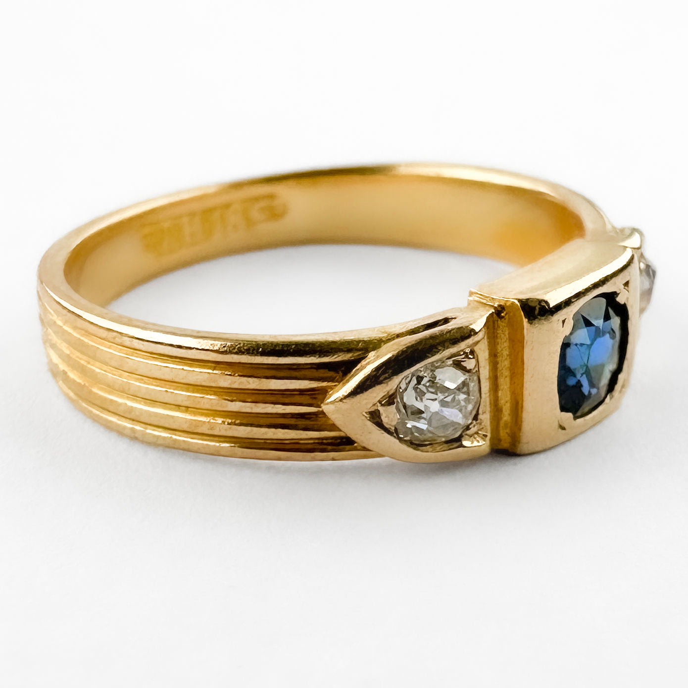 Edwardian Antique Ceylon Sapphire and Diamond Three Stone Trilogy Gypsy Band Ring