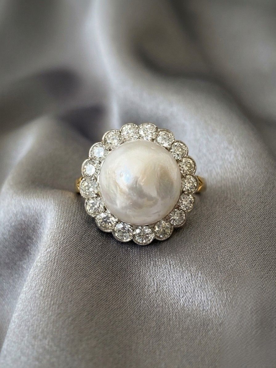 Edwardian 12 MM. Mabe Split Pearl 1.60 Ct Diamond Engagement Ring