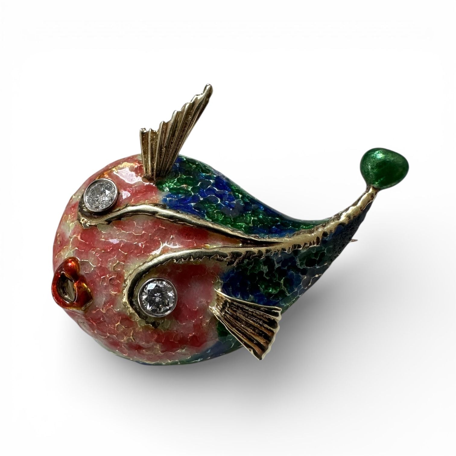 Vintage Enamel and Gold Puffer Fish Brooch with Diamond Eyes