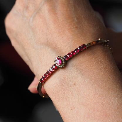 Antique Pink Garnet and Seed Pearl Bangle Bracelet