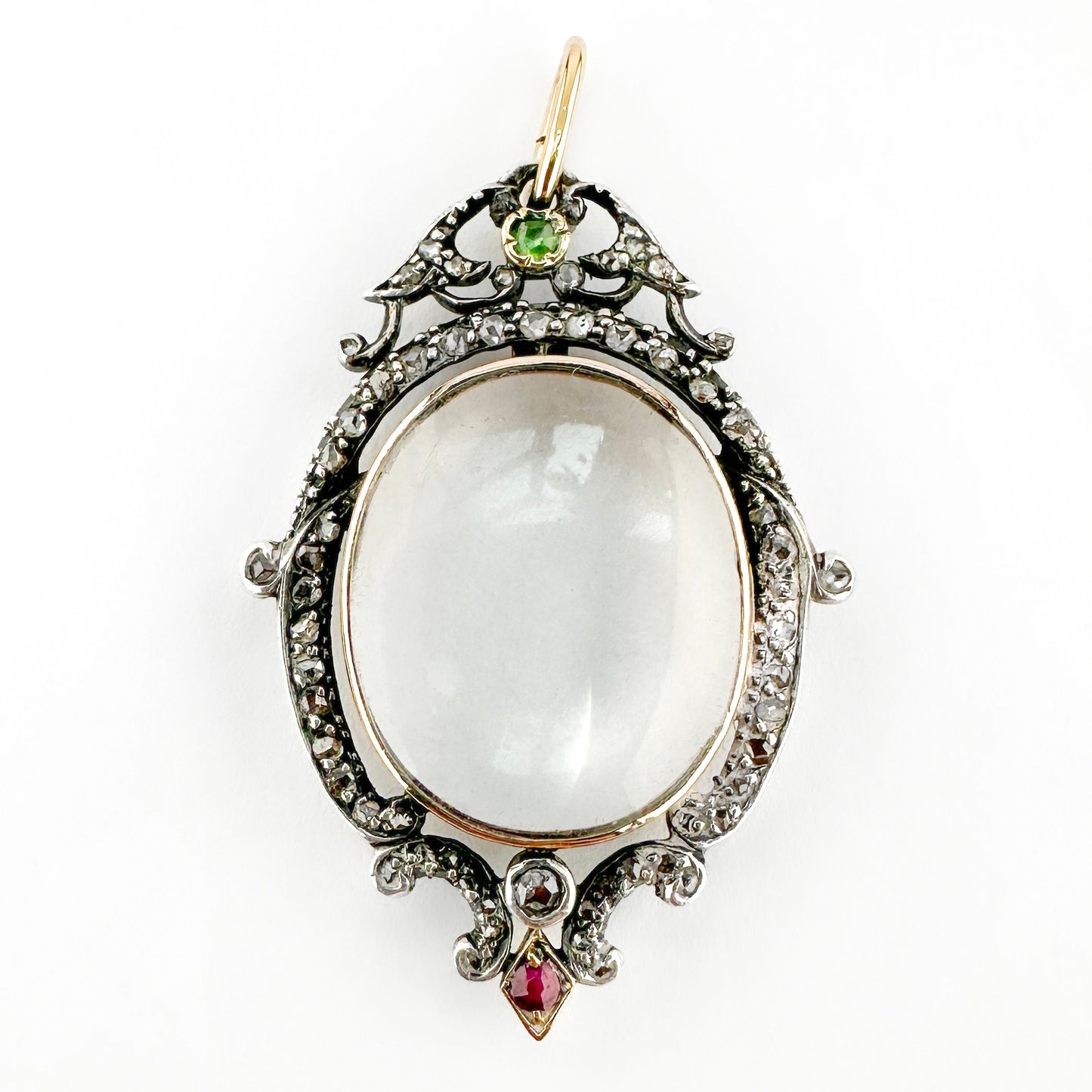 Victorian Antique Rock Crystal and Rose Cut Diamond Cluster Locket Pendant with Emerald and Ruby