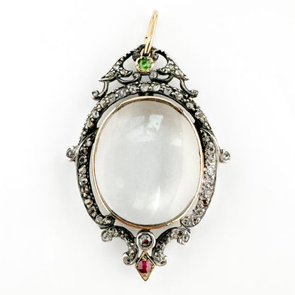 Victorian Antique Rock Crystal and Rose Cut Diamond Cluster Locket Pendant with Emerald and Ruby