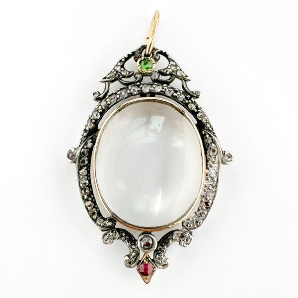 Victorian Antique Rock Crystal and Rose Cut Diamond Cluster Locket Pendant with Emerald and Ruby