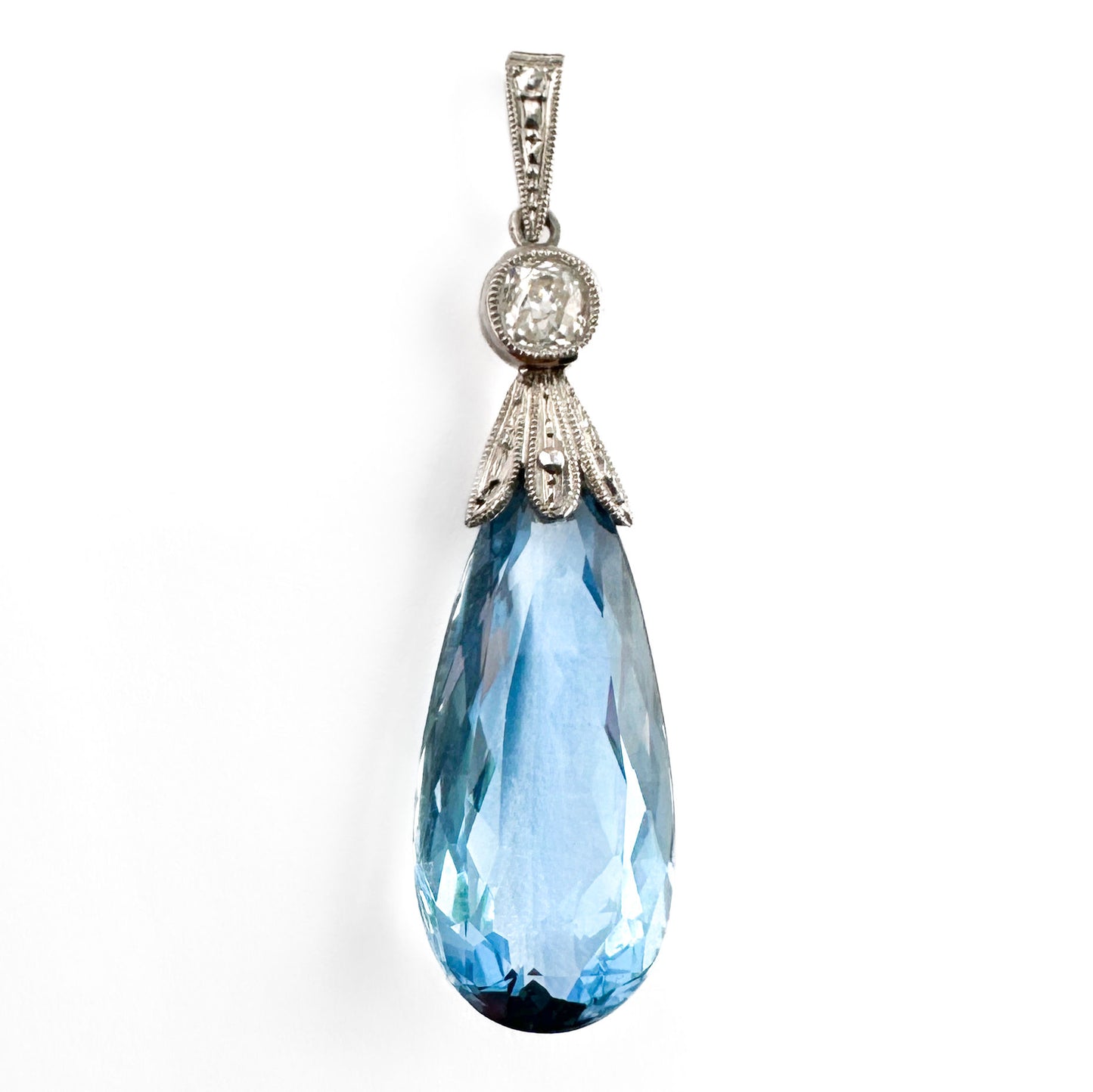 Edwardian Antique Pear Shape Briolette Cut Aquamarine and Diamond Drop Pendant With Chain