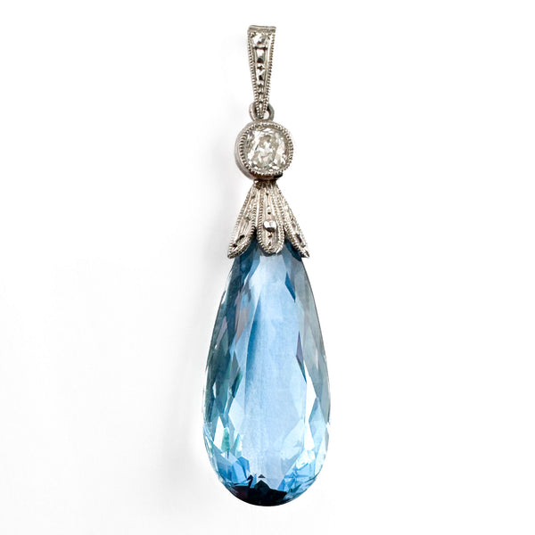 Edwardian Antique Pear Shape Briolette Cut Aquamarine and Diamond Drop Pendant With Chain