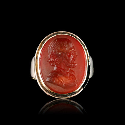 Antique 18K Gold Carnelian Intaglio Ring, Side Profile Gentleman - 19th century.