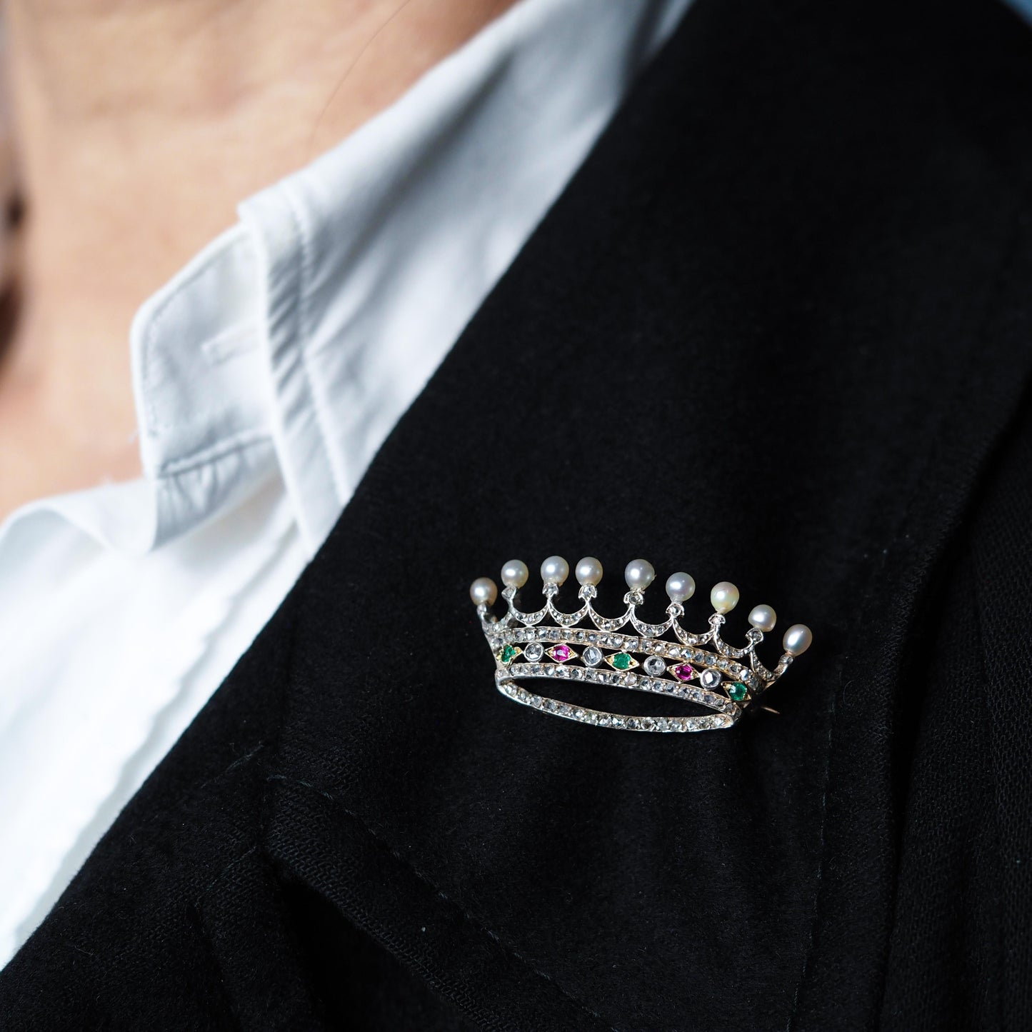 Antique French Ruby, Emerald, Diamond Pearl Crown Coronet Brooch 18K Gold c.1900