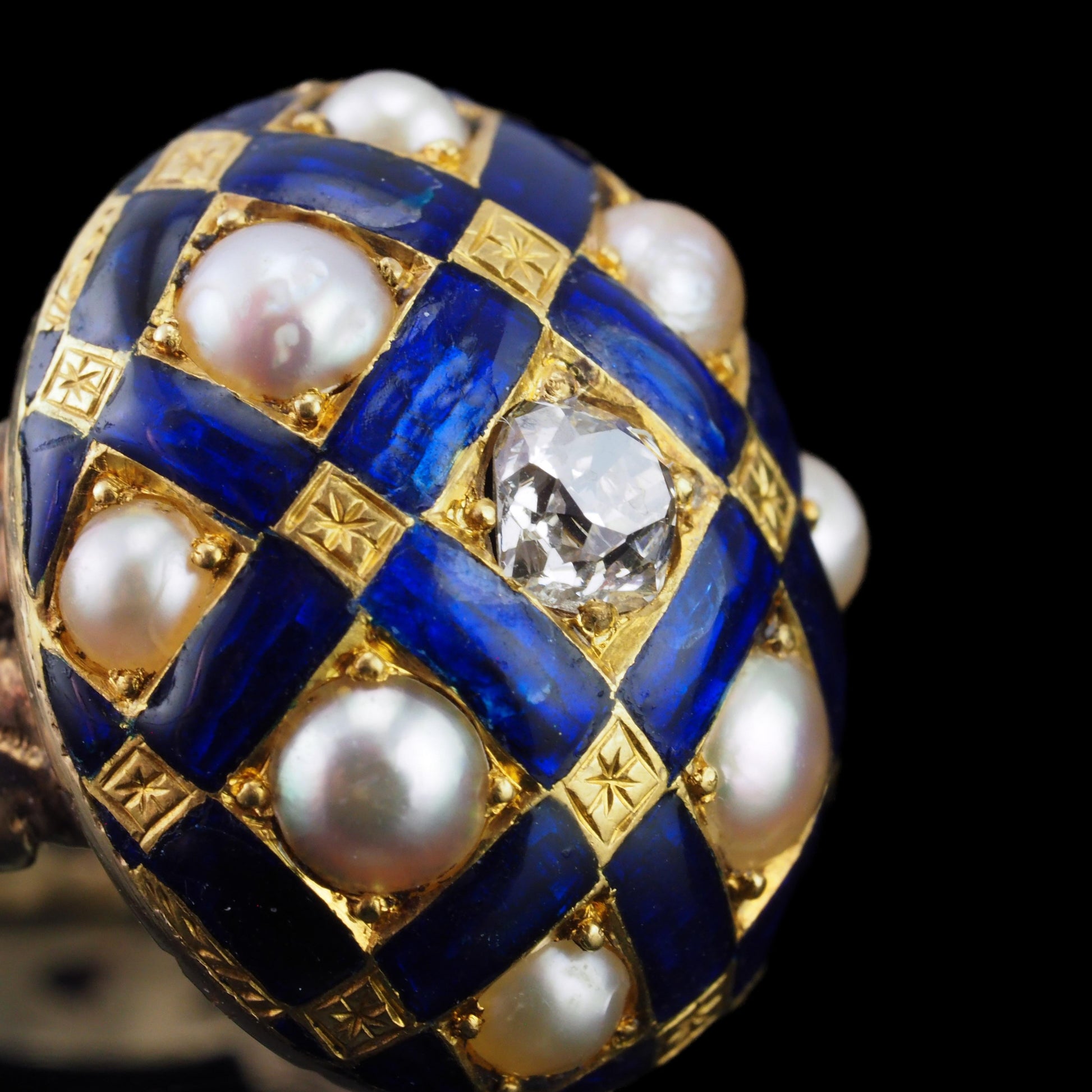 Victorian Antique Blue Enamel Diamond and Pearl Ring