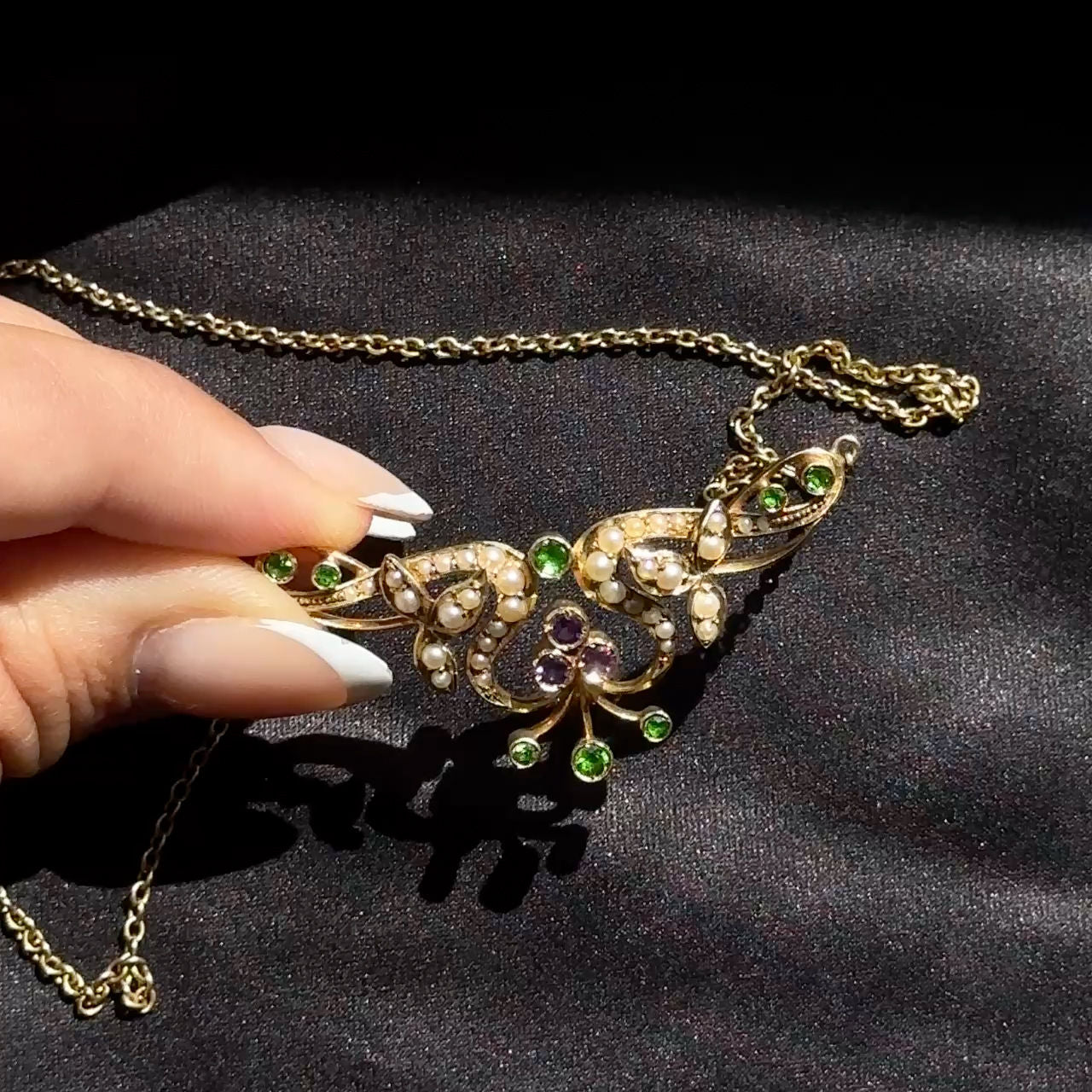 Edwardian Antique Demantoid Garnet Amethyst and Pearl Necklace in 15ct Gold