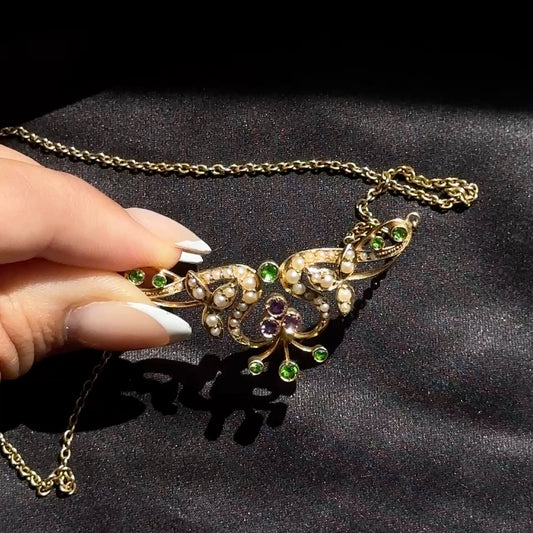 Edwardian Antique Demantoid Garnet Amethyst and Pearl Necklace in 15ct Gold