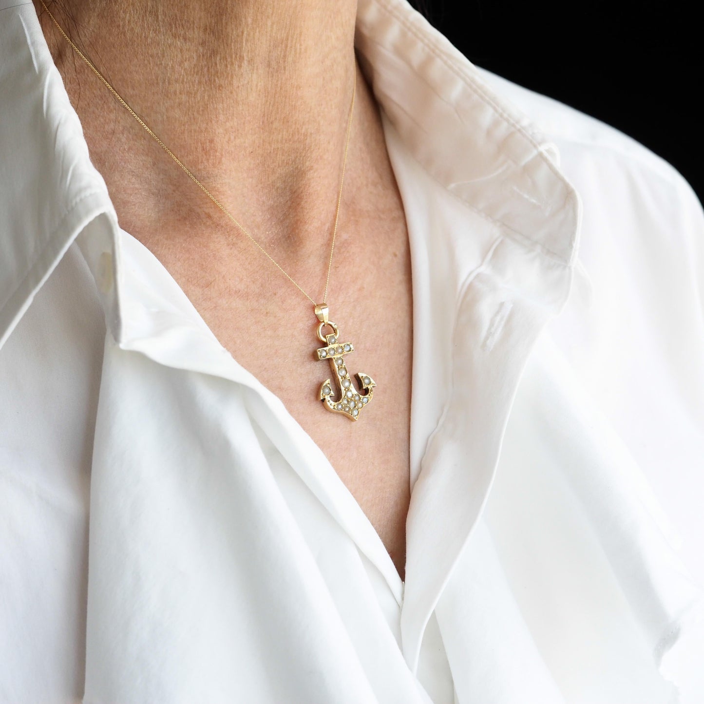 Antique Victorian Pearl Anchor Pendant Necklace 15K Gold - c.1900
