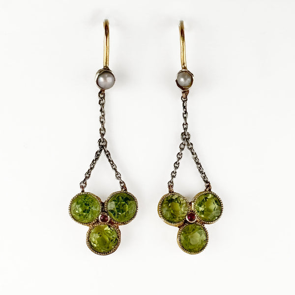 Late Victorian Antique Peridot Trefoil Drop Earrings with Ruby and Pearl