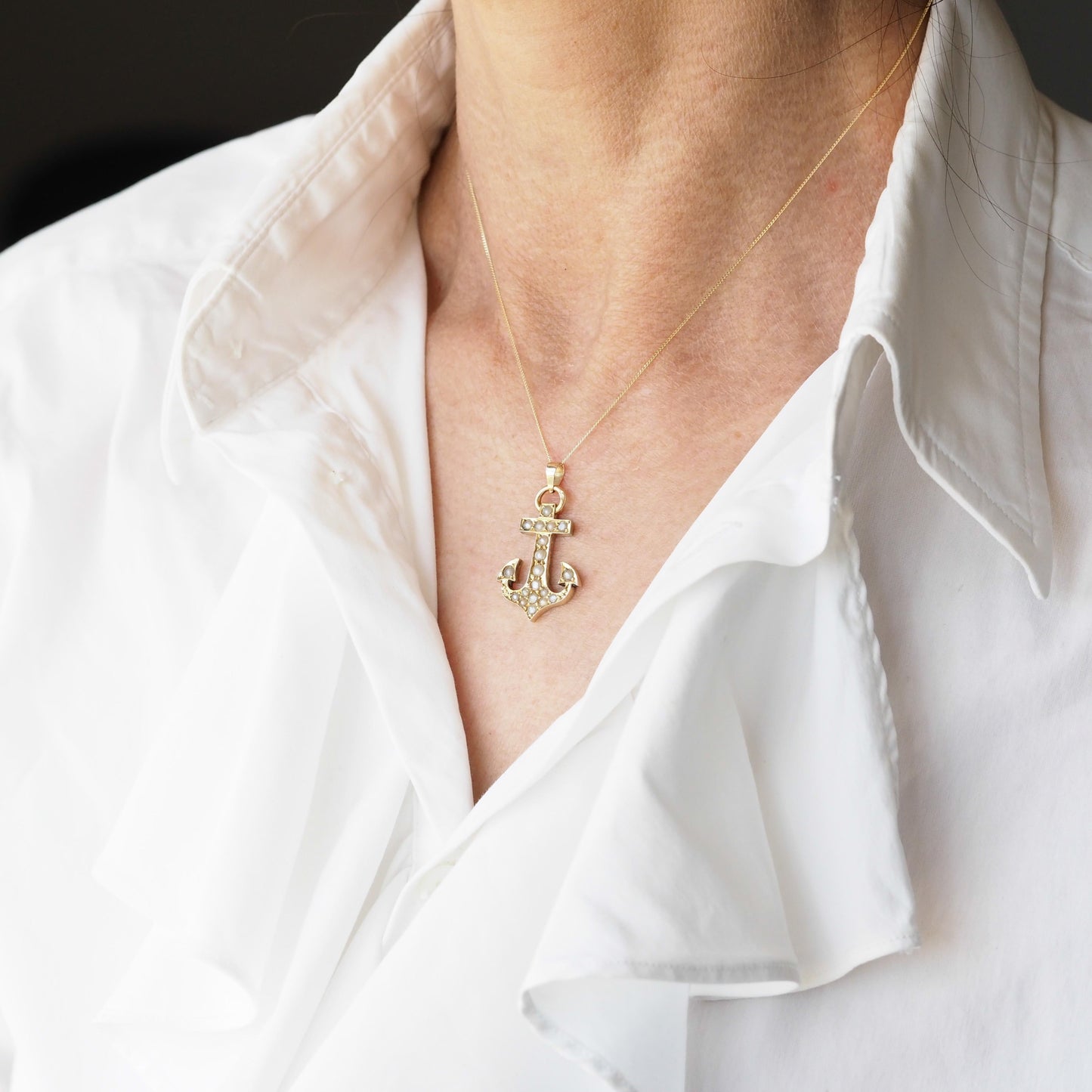 Antique Victorian Pearl Anchor Pendant Necklace 15K Gold - c.1900