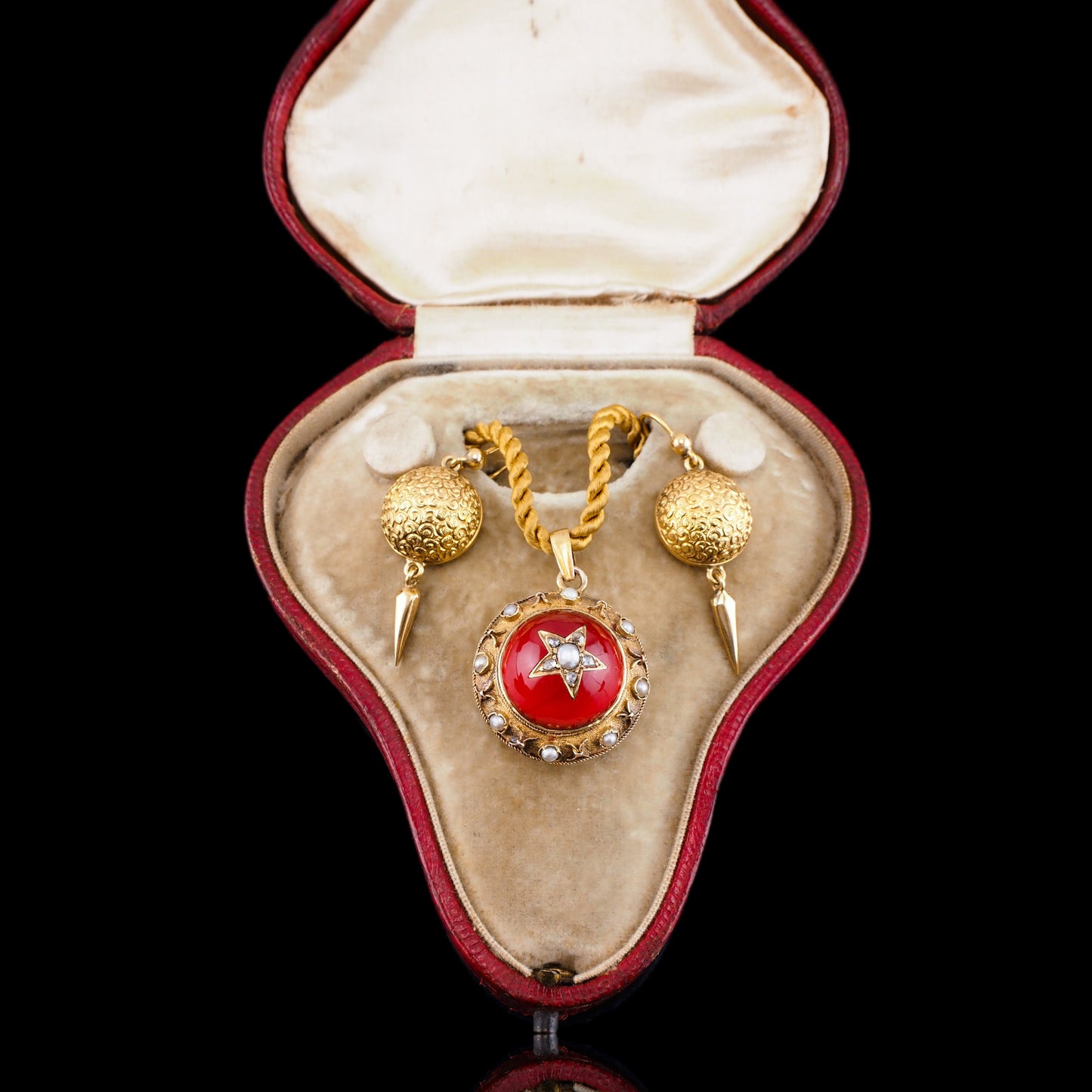 Antique Victorian Diamond & Pearl Star Necklace with Red Rock Crystal Cabochon 15ct Gold - c.1880