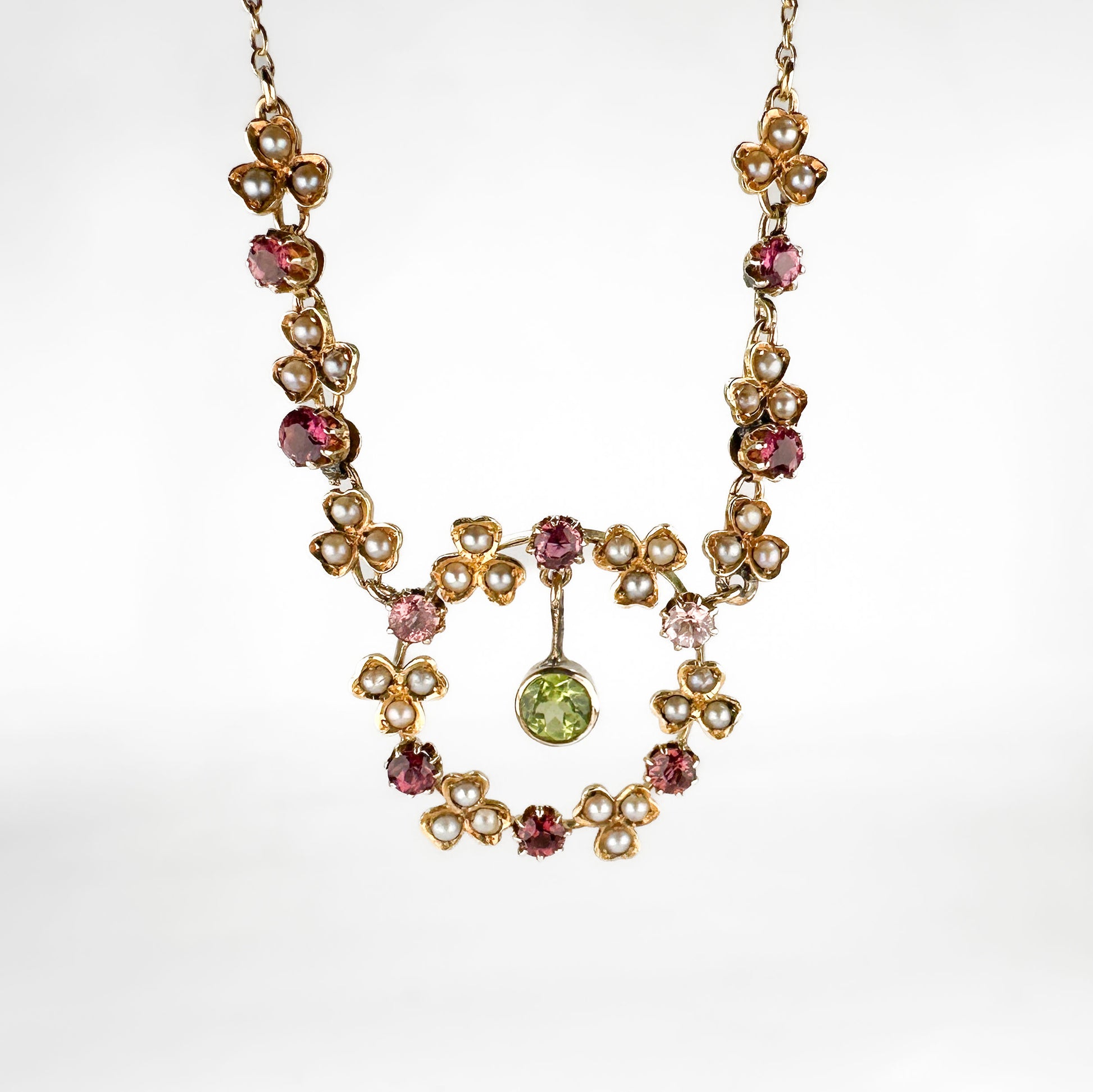 Edwardian Antique Peridot Tourmaline and Pearl Garland Festoon Necklace