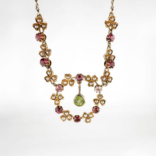 Edwardian Antique Peridot Tourmaline and Pearl Garland Festoon Necklace