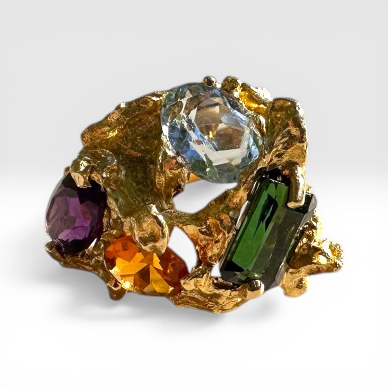 Vintage Modernist Multi Gemstone Sculptural Ring