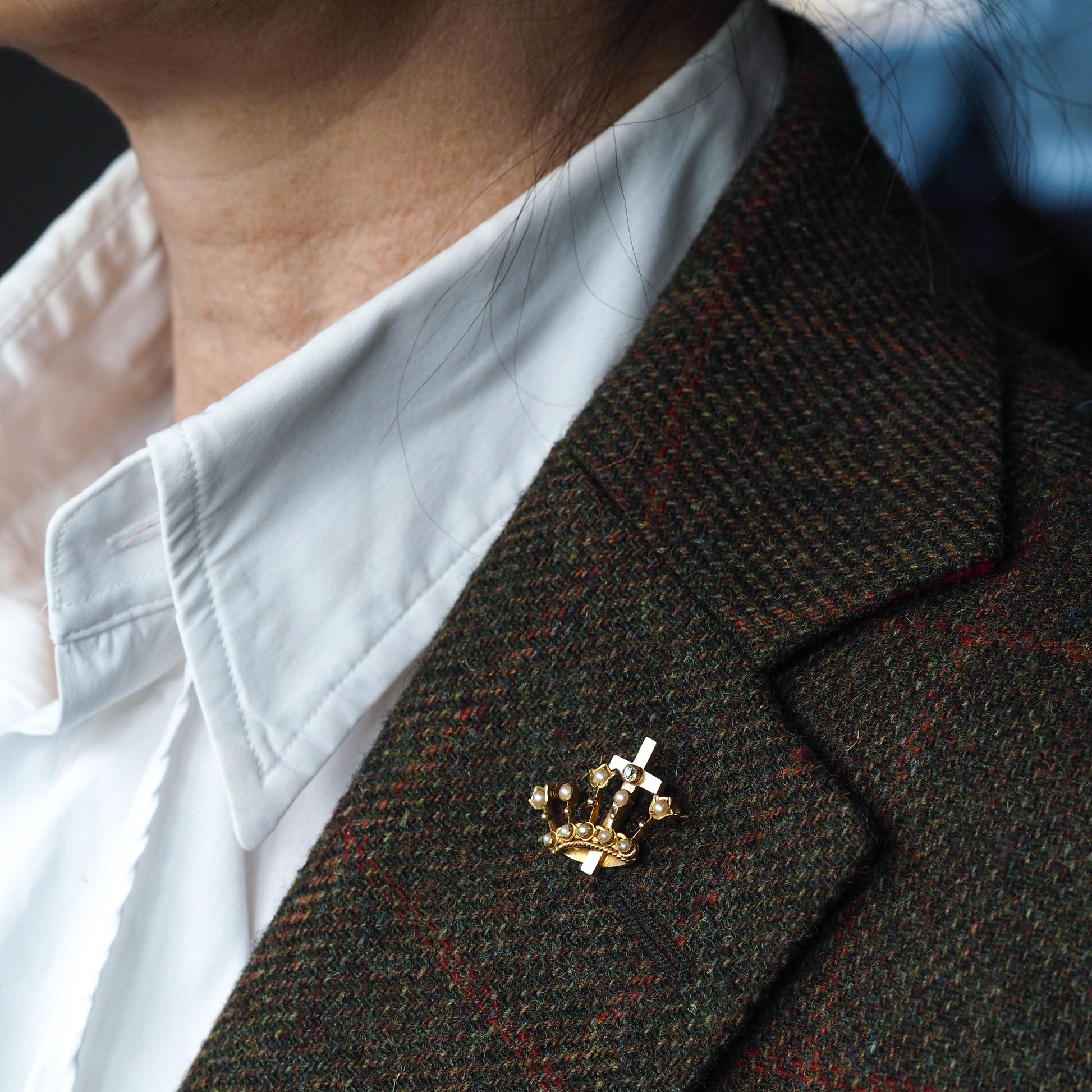 Antique Crown/Coronet Brooch Diamond & Pearls with Cross 15K Gold - c.1890