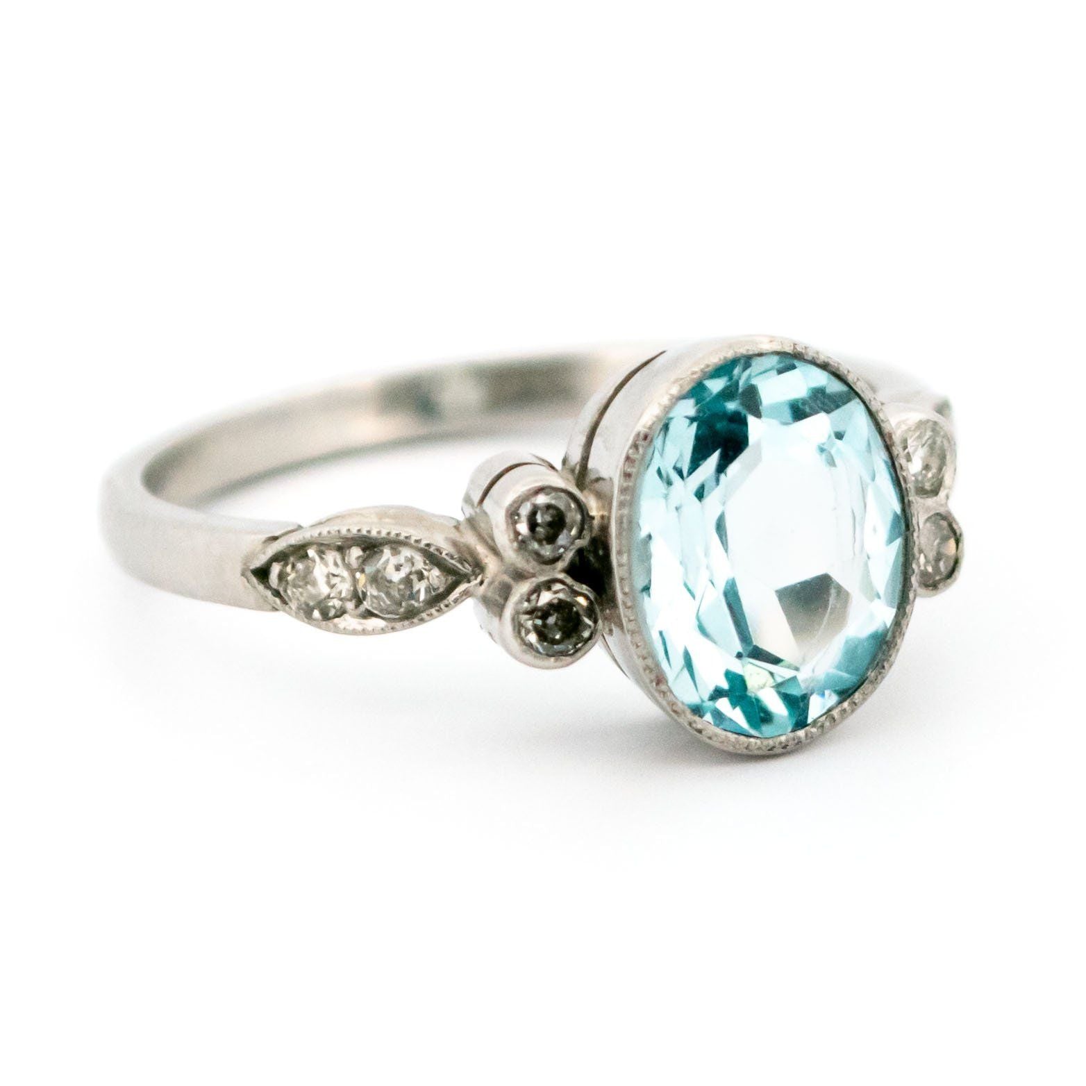 Oval Aquamarine, Old Mine-Cut Diamond and Platinum Ring, 2.30 Carats