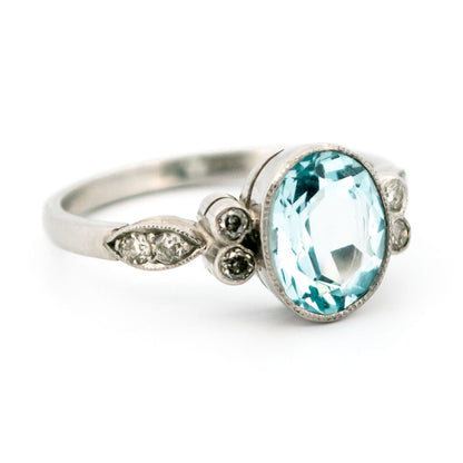 Oval Aquamarine, Old Mine-Cut Diamond and Platinum Ring, 2.30 Carats