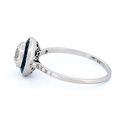 1ct Old European Cut Diamond and Sapphire Halo Target Cluster Ring in Platinum