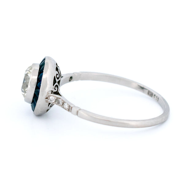 1ct Old European Cut Diamond and Sapphire Halo Target Cluster Ring in Platinum
