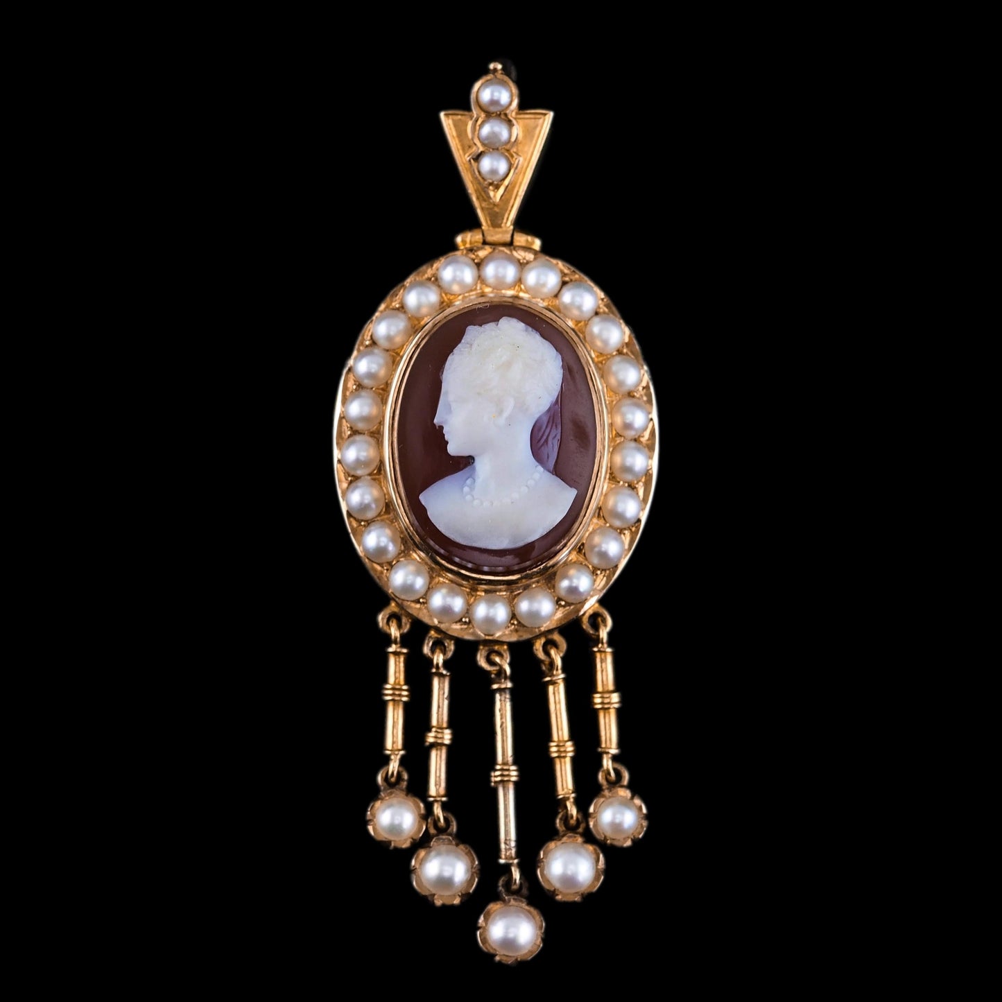 Antique Victorian Cameo and Pearl Cluster Pendant Necklace, Circa 1880