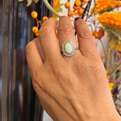 Opal and Old Mine Cut Diamond Cluster Engagement Ring in Platinum