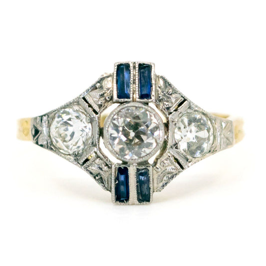 Art Deco Geometric Diamond Platinum Sapphire Engagement Ring