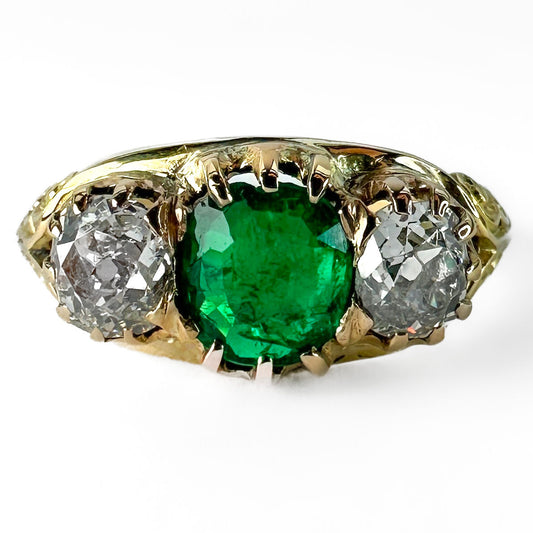 Antique Emerald Diamond 3 Stone Ring