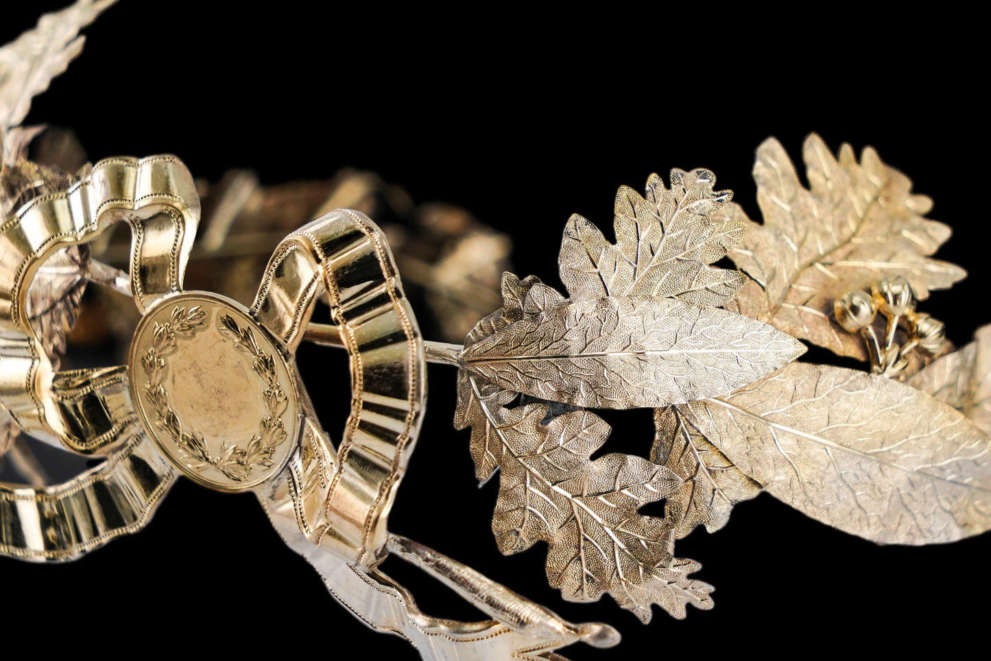 Antique French Silver Crown Wreath Fascinator With Laurel/Acorn Leaves