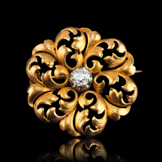 Antique French Diamond Set 18ct Gold Floral Acanthus Pendant Necklace Brooch