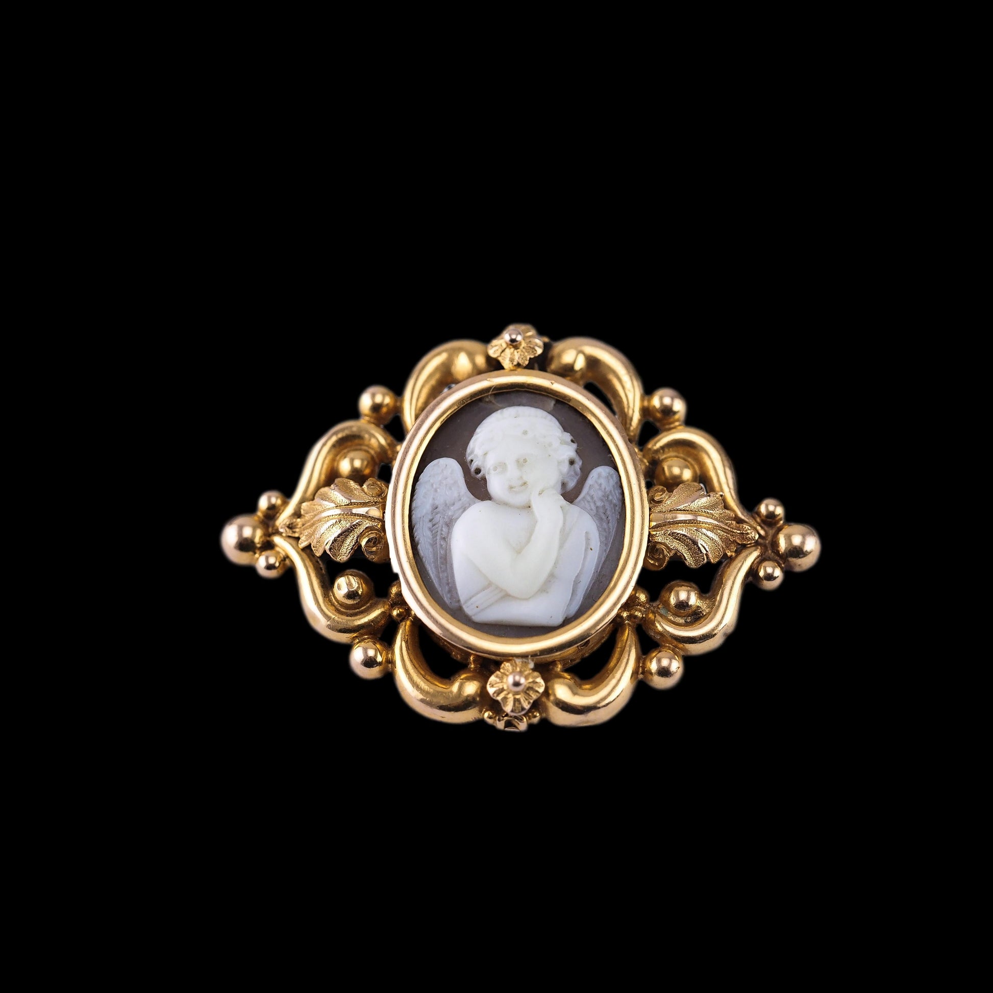 Antique Victorian Cherub Cameo Brooch 18K Gold Ornate Frame - c.1860