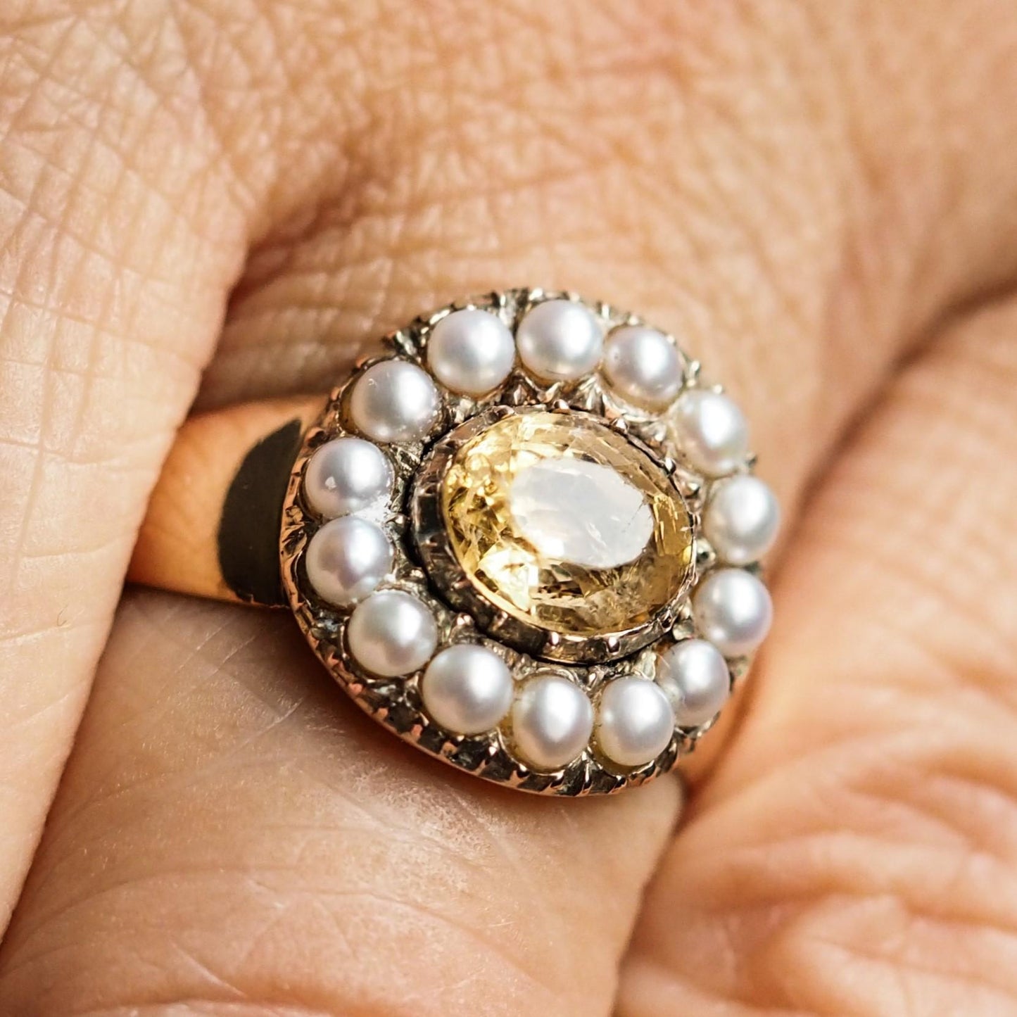 Georgian Antique Citrine and Pearl Cluster Ring