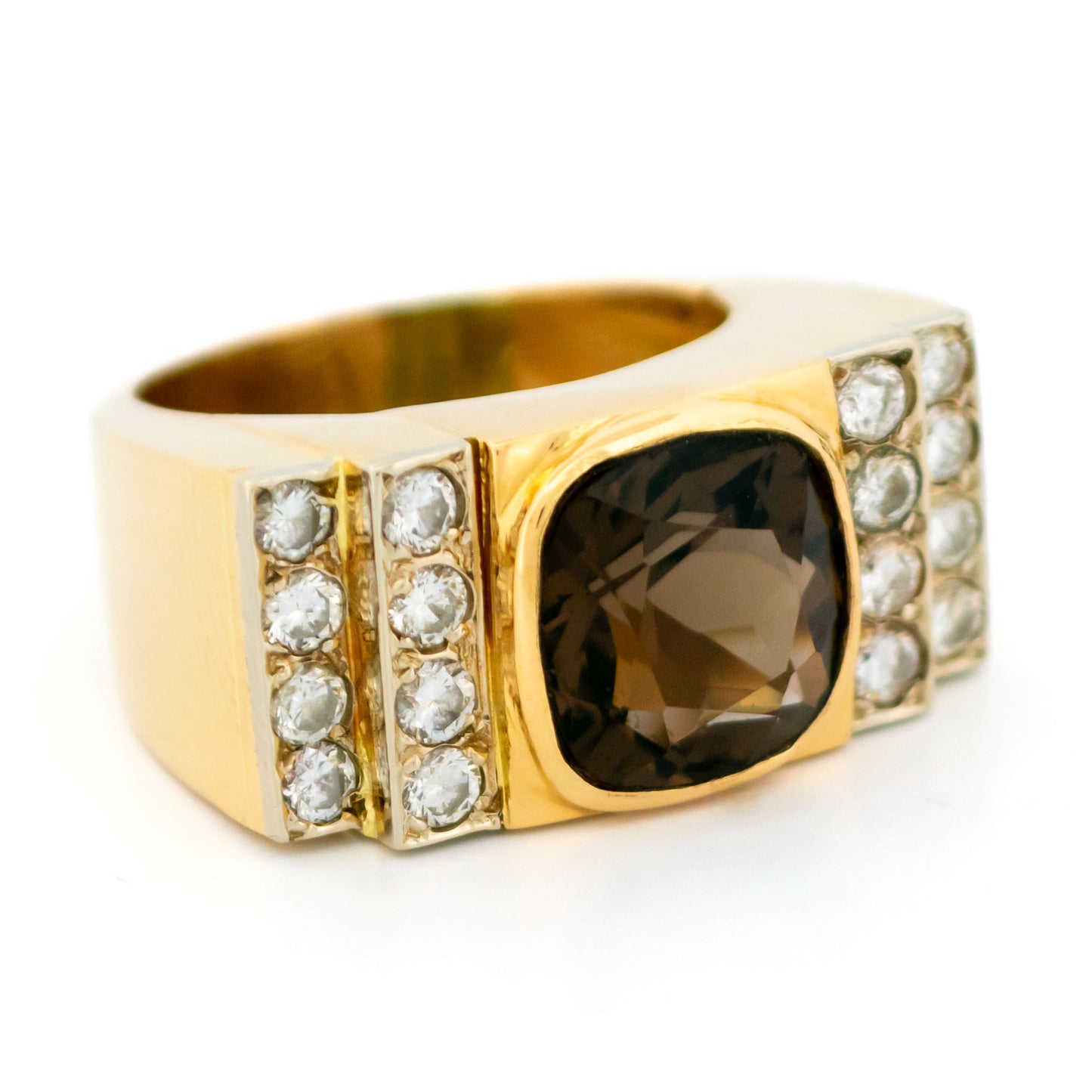 18 Carat Yellow Gold Smokey Quartz and Diamond Tank Style Ring, 5.00 Carats